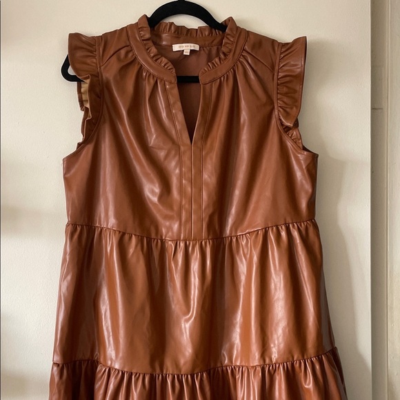 Camel Brown Vegan Leather Ruffle Sleeve Dress-Large - Picture 2 of 11